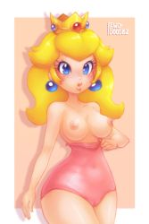 Rule 34 | 1girl, :o, artist name, blonde hair, blue eyes, blush, breasts, cameltoe, commentary, covered navel, crown, earrings, eyelashes, highres, jewelry, large breasts, leotard, leotard pull, lewddoodlez, lips, mario (series), nintendo, nipples, outside border, pink leotard, princess peach, simple background, solo, strapless, strapless leotard