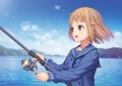 Rule 34 | 1girl, :d, blue neckwear, blue sailor collar, blue shirt, blurry, blurry background, brown eyes, brown hair, collarbone, commentary request, day, depth of field, fishing line, fishing rod, floating hair, guang yiren, hair flaps, holding, houkago teibou nisshi, lake, long sleeves, looking away, open mouth, outdoors, sailor collar, school uniform, serafuku, shirt, short hair, smile, solo, tsurugi hina, water