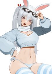 Rule 34 | 1girl, :d, animal ears, blue panties, blue ribbon, blue thighhighs, blush, breasts, cherry hair ornament, cleavage, cleavage cutout, clothing cutout, crop top, eyewear on head, fangs, flasso, food-themed hair ornament, grey hair, hair ornament, hand on own hip, head tilt, highres, large breasts, long hair, long sleeves, looking at viewer, mole, mole under eye, navel, open mouth, original, panties, puffy long sleeves, puffy sleeves, rabbit ears, rabbit girl, rabbit tail, red eyes, ribbon, side-tie panties, smile, solo, stomach, striped clothes, striped panties, striped thighhighs, tail, thighhighs, twintails, underwear, white panties, white thighhighs