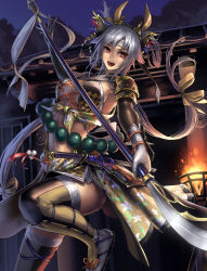 Rule 34 | 1girl, breasts, cleavage cutout, clothing cutout, cross-laced clothes, cross-laced cutout, cuboon, fire, gloves, grey hair, large breasts, long hair, navel, night, polearm, red eyes, sengoku taisen, smile, solo, sword, thighhighs, very long hair, weapon