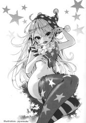 Rule 34 | 1girl, absurdres, american flag dress, american flag legwear, ass, candy, clownpiece, earrings, food, greyscale, hat, highres, jester cap, jewelry, lollipop, long hair, looking at viewer, monochrome, navel, neck ruff, pantyhose, pyonsuke (pyon2 mfg), simple background, sitting, solo, star (symbol), star print, striped clothes, striped pantyhose, touhou, white background