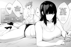 Rule 34 | 2girls, ass, bed, blunt bangs, breasts, cellphone, cleavage, commentary, english commentary, english text, evelyn gandana, game console, greyscale, hair bun, highres, holding, holding phone, large breasts, long hair, lying, lynus, lynus t, monochrome, multiple girls, naoko-san, naoko (lynus t), off shoulder, on stomach, original, panties, phone, playing games, playstation 4, playstation controller, shirt, sidelocks, single hair bun, socks, t-shirt, tank top, television, underwear