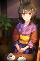Rule 34 | blurry, cafe, coffee cup, cup, depth of field, disposable cup, highres, japanese clothes, kimono, obi, original, sash, tamanoti