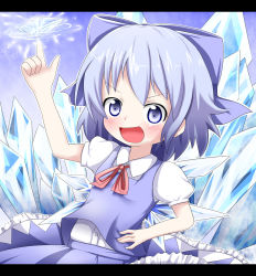 Rule 34 | 1girl, :d, arm up, blue bow, blue eyes, blue hair, blue skirt, blue vest, blush, bow, cirno, collared shirt, commentary request, dress shirt, hair bow, hand on own hip, highres, ice, ice wings, index finger raised, letterboxed, long hair, looking at viewer, makuran, neck ribbon, open mouth, pink ribbon, puffy short sleeves, puffy sleeves, ribbon, shirt, short sleeves, skirt, smile, solo, touhou, v-shaped eyebrows, vest, white shirt, wings