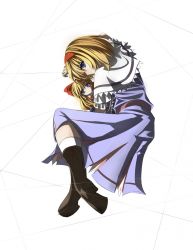 Rule 34 | 1girl, alice margatroid, blonde hair, blue eyes, boots, curled up, doll, dreamlight2000, female focus, hairband, headband, highres, jewelry, lying, on side, ring, shanghai doll, short hair, solo, string, touhou