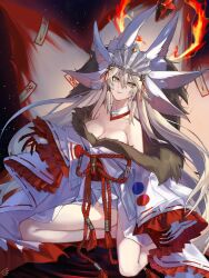 Rule 34 | 1girl, absurdres, animal ears, bare legs, bare shoulders, blonde hair, breasts, cleavage, detached collar, extra ears, fate/grand order, fate (series), fingernails, fire, fox ears, fox tail, highres, japanese clothes, jiajiayu, kimono, kneeling, koyanskaya (fate), koyanskaya (lostbelt beast:iv) (fate), large breasts, long hair, multiple tails, ofuda, parted lips, sharp fingernails, tail, tamamo (fate), white kimono, yellow eyes