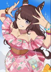 Rule 34 | #summer #besties (umamusume), 1girl, animal ears, arms up, bag, bare shoulders, bead bracelet, beads, black eyes, blue nails, bracelet, breasts, brown hair, cleavage, corset, cosmetics, dress, english text, floral print, grin, hair ornament, highres, horse ears, horse girl, horse tail, jewelry, long hair, looking at viewer, multicolored nails, nail polish, nazono77, necklace, off-shoulder dress, off shoulder, one eye closed, pink dress, red nails, shoulder bag, small breasts, smile, solo, sparkle, tail, tosen jordan (aurore vacances) (umamusume), tosen jordan (umamusume), transparent bag, umamusume, wristband