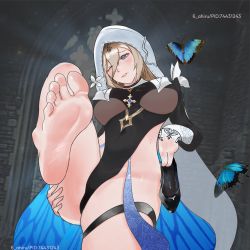 Rule 34 | 1girl, absurdres, aponia (honkai impact), barefoot, blonde hair, blue eyes, blush, bug, butterfly, feet, highres, holding, holding shoes, honkai (series), honkai impact 3rd, insect, leotard, long hair, looking at viewer, one eye closed, parted lips, shoes, unworn shoes, single shoe, soles, toes