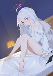 Rule 34 | 1girl, ahoge, alternate costume, barefoot, bedroom, blue archive, collarbone, commentary request, demon girl, demon horns, demon wings, desk lamp, feet, forehead, halo, highres, hina (blue archive), horns, knees together feet apart, knees up, lamp, long hair, long sleeves, looking at viewer, on bed, oversized clothes, oversized shirt, parted bangs, parted lips, purple eyes, shirt, sidelocks, sitting, solo, sotomie, toenails, toes, wavy hair, white hair, white shirt, wings
