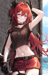 Rule 34 | 1girl, arknights, arm up, belt, black belt, black gloves, black shirt, blue sky, commentary request, cowboy shot, crop top, cross, cross necklace, day, gloves, highres, horns, jewelry, long hair, looking at viewer, midriff, miniskirt, navel, necklace, purple eyes, red hair, red skirt, shirt, skirt, sky, solo, standing, stomach, surtr (arknights), surtr (liberte echec) (arknights), very long hair, water, yan kodiac