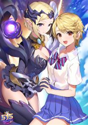 Rule 34 | 2girls, absurdres, blonde hair, bow, bowtie, breasts, character request, cleavage, collared shirt, copyright request, dress, headgear, highres, holding hands, interlocked fingers, logo, looking at viewer, lunox (mobile legends), medium breasts, multiple girls, official art, open mouth, pleated skirt, pointy ears, purple eyes, red eyes, school uniform, shirt, short hair, skirt, teffish, thighhighs