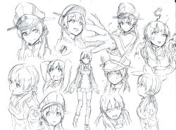 Rule 34 | 10s, 1girl, :t, anchor hair ornament, cross, expressions, foreshortening, gloves, greyscale, hair ornament, hair ribbon, hat, iron cross, kantai collection, long hair, long sleeves, looking up, military, military uniform, monochrome, multiple views, open mouth, peaked cap, prinz eugen (kancolle), profile, ribbon, shirubaburu, simple background, smile, twintails, uniform, upper body, white background