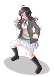Rule 34 | 1girl, 53 (user pand4482), absurdres, ahoge, black hair, black jacket, black socks, blazer, blonde hair, blue necktie, blue skirt, blush, breasts, brown eyes, brown footwear, brown sweater, checkered clothes, checkered skirt, clenched hands, commentary request, dragon ball, dragon ball (classic), fighting stance, hair flaps, hand up, highres, idolmaster, idolmaster shiny colors, jacket, legs, long sleeves, low twintails, medium breasts, mole, mole under mouth, motion lines, multicolored hair, necktie, open mouth, partial commentary, sakurakazamiya himeno, shadow, shirt, shoes, sidelocks, skirt, smile, socks, solo, sweater, teeth, thighs, twintails, two-tone hair, v-shaped eyebrows, white shirt, wing collar
