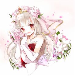 Rule 34 | 1girl, bare shoulders, blush, bow, dress, elbow gloves, flower, gloves, hair flower, hair ornament, holding, holding flower, itadaki31, jewelry, long hair, looking at viewer, loussier ellerensia, necklace, petals, pink bow, pink flower, red eyes, ring, shironeko project, simple background, solo, twitter username, upper body, veil, white background, white gloves