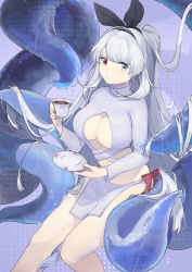 Rule 34 | 1girl, absurdres, alchemy stars, alternate costume, blush, breasts, cleavage, cleavage cutout, closed mouth, clothing cutout, coffee, connolly (alchemy stars), cup, dongbu, grey eyes, grey hair, hairband, heterochromia, highres, holding, holding cup, holding saucer, large breasts, loincloth, long hair, long sleeves, looking at viewer, pelvic curtain, ponytail, purple background, purple sweater, raised eyebrows, red eyes, ribbed sweater, saucer, solo, sweater, teacup, tentacles, turtleneck, turtleneck sweater, very long hair