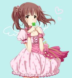 Rule 34 | 10s, 1girl, brown eyes, brown hair, bubble skirt, clover, dress, four-leaf clover, highres, idolmaster, idolmaster cinderella girls, koiwai ringo, looking at viewer, ogata chieri, skirt, smile, solo, twintails