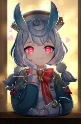 Rule 34 | 1girl, absurdres, animal ears, blush, bow, closed mouth, commentary, commentary request, genshin impact, gloves, grey hair, hand on own cheek, hand on own face, hat, heart, heart-shaped pupils, highres, long sleeves, looking at viewer, low twintails, pink eyes, red bow, red eyes, ruri-urasue-1224, sigewinne (genshin impact), smile, solo, symbol-shaped pupils, twintails, twitter username, upper body, white gloves, white hair, white hat
