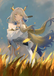 Rule 34 | 1girl, absurdres, arknights, bead bracelet, beads, blonde hair, blue hair, blue sky, blurry, blurry foreground, bracelet, colored skin, commentary, crossed arms, dragon girl, dragon horns, earrings, from below, grey eyes, grey hair, grey sky, hair ornament, hairpin, highres, horns, jacket, jewelry, kissshotmagia, light smile, long sleeves, looking at viewer, looking down, multicolored hair, necklace, outdoors, pants, shirt, shu (arknights), sky, solo, tassel, tassel earrings, wheat field, white jacket, white pants, white shirt, yellow skin