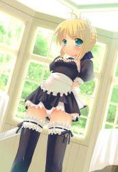 Rule 34 | 00s, arms behind back, artoria pendragon (all), artoria pendragon (fate), blonde hair, blush, embarrassed, fate/stay night, fate (series), frilled thighhighs, frills, frown, green eyes, maid, maid headdress, official alternate costume, panties, ribbon, saber (fate), sdwing, solo, thighhighs, type-moon, underwear, window