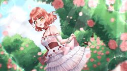 Rule 34 | 1girl, absurdres, artist name, artist request, bare shoulders, blue sky, blush, bracelet, breasts, brown corset, choker, cleavage, cloud, collarbone, corset, curly hair, day, dress, female focus, flower, flower print, green eyes, hair bun, hair flower, hair ornament, highres, holding, holding clothes, holding skirt, jewelry, looking at viewer, love live!, love live! nijigasaki high school idol club, orange hair, outdoors, parted lips, pearl bracelet, pink skirt, red choker, red flower, red hair, short hair, side bun, single hair bun, skirt, sky, small breasts, smile, solo, sunlight, uehara ayumu, upper body, usagi chin, white dress, white skirt, white wrist cuffs, wrist cuffs, yellow eyes