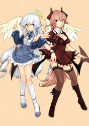 Rule 34 | 2girls, angel and devil, blue eyes, blue hair, breasts, cleavage, demon wings, dress, frills, garter straps, halo, horns, long hair, medium breasts, multiple girls, original, pink hair, red eyes, small breasts, smile, thighhighs, toudou charo, tr, wings