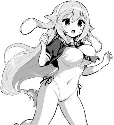 Rule 34 | animal ears, azur lane, azur lane: slow ahead, bouncing breasts, breasts, floppy ears, greyscale, headband, hori (hori no su), i-25 (azur lane), large breasts, long hair, monochrome, official art, one-piece swimsuit, puffy short sleeves, puffy sleeves, rabbit ears, running, sailor collar, short sleeves, solo, sweatdrop, swimsuit, very long hair