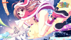 Rule 34 | 1girl, ass, boots, breasts, brown eyes, brown hair, cape, character request, christmas, christmas tree, flying, hat, heart, highres, impossible clothes, long hair, looking back, night, open mouth, panties, princess strike!, rabbit, sack, santa costume, skirt, smile, solo, star (symbol), star print, striped clothes, striped panties, tsukishima yuuko, underboob, underwear, upskirt, wallpaper