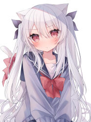 Rule 34 | 1girl, :t, animal ear fluff, animal ears, black ribbon, black sailor collar, black skirt, blush, bow, cat ears, cat girl, cat tail, closed mouth, commentary request, grey hair, grey sweater, hair between eyes, hair ribbon, highres, long hair, looking at viewer, original, pleated skirt, pout, red bow, red eyes, ribbon, ringouulu, sailor collar, school uniform, serafuku, simple background, skirt, solo, sweater, tail, tail bow, tail ornament, tail raised, twitter username, two side up, very long hair, watermark, white background