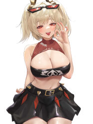 1girl absurdres bare_shoulders black_skirt black_tube_top blonde_hair breasts burnice_white cleavage eyewear_on_head fellatio_gesture highres large_breasts miniskirt navel red_eyes short_hair sihana156 skirt solo stomach strapless thighs tongue tongue_out tube_top twintails zenless_zone_zero