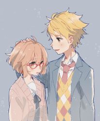 Rule 34 | 1boy, 1girl, blonde hair, blue background, blue jacket, blush, bow, brown hair, coat, commentary, glasses, hand on another&#039;s head, highres, jacket, kanbara akihito, kuriyama mirai, kyoukai no kanata, looking at another, looking to the side, necktie, open mouth, red-framed eyewear, red neckwear, school uniform, shirt, short hair, shyh yue, simple background, smile, standing, uniform, upper body, waistcoat, white shirt, yellow eyes