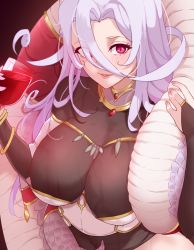 Rule 34 | 1girl, alcohol, blush, breasts, bridal gauntlets, cup, drinking glass, hair between eyes, highres, holding, holding cup, lamia, large breasts, light purple hair, long hair, looking at viewer, monster girl, monster musume no oisha-san, parted lips, red eyes, saphentite neikes, scales, slit pupils, solo, tail, todding, wine, wine glass