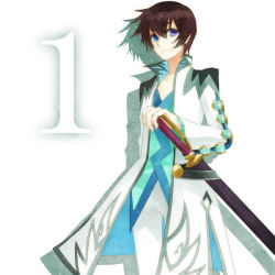 Rule 34 | 1boy, asbel lhant, bad id, bad pixiv id, blue eyes, brown hair, coat, heterochromia, male focus, purple eyes, solo, sword, tales of (series), tales of graces, three plates, weapon, white background