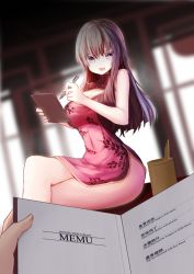 Rule 34 | 1girl, :d, absurdres, bare legs, bare shoulders, blush, breasts, china dress, chinese clothes, chinese text, cleavage, cleavage cutout, clothing cutout, covered navel, crossed legs, dress, english text, engrish text, grey hair, highres, large breasts, long hair, looking at viewer, menu, open mouth, original, pen, pencil, pov, pov hands, purple eyes, ranguage, red dress, restaurant, short dress, sidelocks, sitting, sitting on table, sleeveless, sleeveless dress, smile, solo focus, table, zheyi parker
