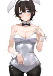 Rule 34 | 1girl, alternate costume, animal ears, bare shoulders, black bow, black bowtie, black hair, black pantyhose, blue eyes, blush, bow, bowtie, breasts, cleavage, closed mouth, commentary request, covered navel, detached collar, embarrassed, fake animal ears, highres, hololive, large breasts, leotard, looking at viewer, mitsuru (pixiv 34028718), oozora subaru, pantyhose, parted bangs, playboy bunny, rabbit ears, short hair, side-tie leotard, simple background, skindentation, solo, strapless, strapless leotard, sweat, very short hair, virtual youtuber, white background, white leotard, white wrist cuffs, wrist cuffs