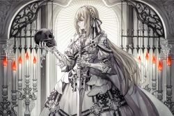 Rule 34 | 1girl, armor, black bow, blonde hair, bow, braid, candle, cape, dress, gauntlets, holding, holding skull, holding sword, holding weapon, long hair, original, senano-yu, skull, solo, sword, vambraces, weapon, white bow, white cape, white dress, yellow eyes
