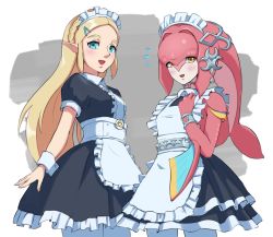 Rule 34 | 2girls, :d, alternate costume, apron, black dress, blue eyes, blush, braid, brown background, center frills, colored skin, dress, enmaided, fins, fish girl, flying sweatdrops, frilled apron, frills, hair ornament, hairclip, hand up, highres, looking at viewer, maid, maid apron, maid headdress, mipha, monster girl, multiple girls, nintendo, open mouth, pantyhose, parted bangs, pointy ears, princess zelda, red skin, saburou (jako), short sleeves, sidelocks, smile, the legend of zelda, the legend of zelda: breath of the wild, waist apron, white apron, white background, white legwear, zora