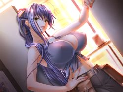 Rule 34 | 1girl, bare shoulders, belt, blue hair, breasts, cleavage, denim, covered erect nipples, female focus, fingernails, hand on own hip, huge breasts, indoors, jeans, long fingernails, long hair, looking at viewer, nail polish, navel, no bra, pants, ponytail, sano toshihide, smile, solo, yellow eyes