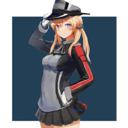 Rule 34 | 10s, 1girl, absurdres, anchor hair ornament, bad id, bad pixiv id, blonde hair, blue background, blue eyes, border, breasts, cowboy shot, gloves, hair ornament, hand on headwear, hand on own hip, hat, highres, kantai collection, long hair, looking at viewer, microskirt, military, military uniform, peaked cap, prinz eugen (kancolle), shion (mirudakemann), simple background, skirt, solo, twintails, uniform, white border, white gloves, unfinished