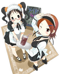 Rule 34 | 2girls, apron, black dress, black eyes, black hair, black legwear, blush, brown eyes, brown hair, choker, dress, drinking straw, from above, glass, glasses, high heels, highres, holding, ice, leaning forward, looking at viewer, looking back, maid, maid apron, maid cafe, maid headdress, mary janes, multiple girls, one eye closed, original, retsumaru, rug, scrunchie, shoes, short twintails, smile, socks, soda, standing, sweatdrop, tray, twintails, waving, white background, wink