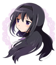 Rule 34 | 1girl, akemi homura, black hair, capelet, closed mouth, commentary request, from side, hairband, long hair, looking to the side, magical girl, mahou shoujo madoka magica, mahou shoujo madoka magica (anime), profile, purple eyes, short twintails, signature, solo, twintails, utsuro atomo