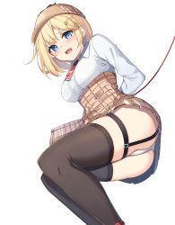 Rule 34 | 1girl, :d, absurdres, arms behind back, ass, bad id, bad pixiv id, black thighhighs, blonde hair, blouse, blue eyes, bound, breasts, brown hat, brown skirt, collared shirt, feet out of frame, garter straps, hair ornament, hairclip, hat, high-waist skirt, highres, hololive, hololive english, long sleeves, looking at viewer, lying, medium breasts, necktie, on side, open mouth, panties, peaked cap, plaid, plaid skirt, pleated skirt, restrained, shirt, short hair, short necktie, simple background, skirt, smile, solo, thighhighs, underwear, virtual youtuber, watson amelia, white background, white panties, white shirt, ziro (zirorong)