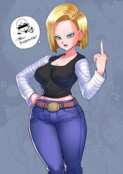 Rule 34 | 1girl, android 18, belt, blonde hair, blue eyes, breasts, cleavage, collarbone, denim, dragon ball, dragonball z, forehead, hand on own hip, jeans, kisuu, kuririn, large breasts, long sleeves, looking at viewer, medium breasts, medium hair, middle finger, open mouth, pants, shirt, solo, speech bubble, standing