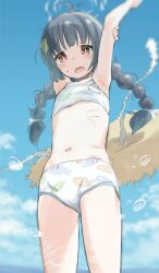 Rule 34 | 1girl, ahoge, antenna hair, arm behind head, armpits, arms up, bikini, black hair, blue archive, blue sky, blush, braid, brown eyes, cloud, cowboy shot, day, flat chest, from below, hat, hat on back, highres, kokekokko coma, leaf print, long hair, looking at viewer, looking down, low twin braids, miyu (blue archive), miyu (swimsuit) (blue archive), navel, official alternate costume, open mouth, outdoors, outstretched arm, print bikini, sky, solo, stomach, straw hat, sweatdrop, swimsuit, tareme, twin braids, unworn hat, unworn headwear, white bikini