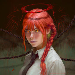 Rule 34 | 1girl, black necktie, blood, blood halo, braid, braided ponytail, chain, chainsaw man, collared shirt, commentary, english commentary, formal, freckles, halo, highres, liquid halo, long hair, looking at viewer, makima (chainsaw man), necktie, oliver wetter, photoshop (medium), portrait, realistic, red hair, ringed eyes, shirt, solo, white shirt, yellow eyes