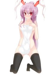 Rule 34 | 1girl, absurdres, animal ears, black thighhighs, breasts, chimunge, covering privates, female focus, highres, large breasts, long hair, naked towel, nude, nude cover, ponytail, purple hair, rabbit ears, red eyes, reisen udongein inaba, solo, thighhighs, touhou, towel