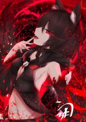 Rule 34 | 1girl, animal ears, black hair, braid, breasts, detached sleeves, fangs, finger to mouth, fox ears, fox girl, fox tail, highres, hololive, hood, kurokami fubuki, midriff, open mouth, red eyes, sideboob, signature, solo, sparkle, tail, teeth, upper body, urotare, virtual youtuber