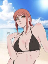 Rule 34 | 1girl, beach, bikini, black bikini, blush, braid, breasts, chainsaw man, cleavage, drawing tablet, female focus, highres, large breasts, lips, long hair, looking at viewer, makima (chainsaw man), outdoors, parted lips, red eyes, red hair, ringed eyes, sky, smile, solo, swimsuit, upper body, yellow eyes, zelionart