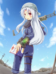 Rule 34 | 1girl, animification, ass, assault rifle, blush, box, cereal, fallout (series), fallout 3, fang, fisheye, from behind, grey hair, gun, head scarf, highres, long hair, looking at viewer, looking back, original, pip boy, power lines, red eyes, rifle, smile, sugar bombs, utility pole, vault jumpsuit (fallout 3), vault suit, weapon, yukikasa