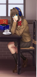 Rule 34 | 1girl, absurdres, aozaki aoko, black skirt, black socks, blazer, blue eyes, bow, bowtie, box, brown hair, brown jacket, chair, commentary request, cqqz0707, cup, gift, gift box, grin, hair between eyes, hair intakes, head rest, headphones, highres, indoors, jacket, long hair, long sleeves, looking at viewer, mahou tsukai no yoru, on chair, pleated skirt, red bow, red bowtie, school uniform, shoes, sitting, skirt, smile, socks, solo, table, teeth