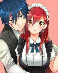 Rule 34 | 1boy, 1girl, blue eyes, blue hair, blush, breasts, earrings, erza scarlet, fairy tail, jellal fernandes, jewelry, large breasts, long hair, maid, maid headdress, red hair, yellow eyes